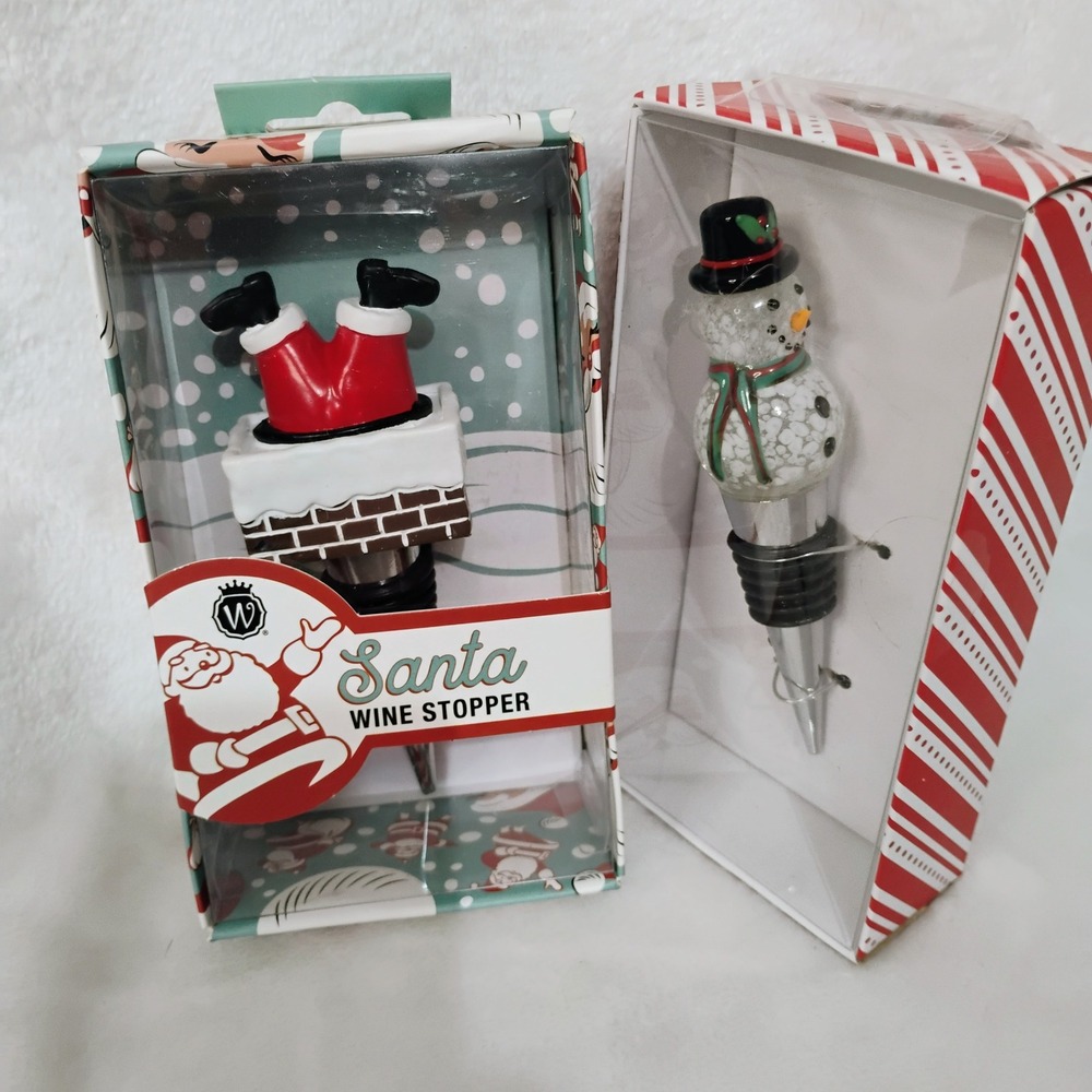 Lot of 2 Holiday Wine Bottle Stopper Santa Chimney and Snowman Christmas Decor K
